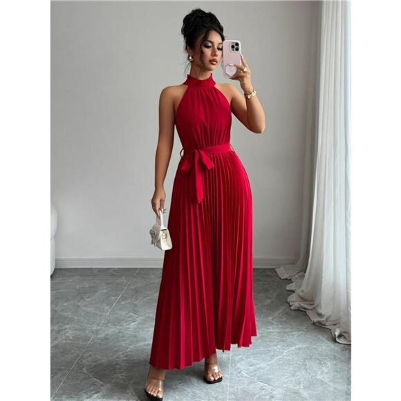 Pleated Halter Neck Tie Waist Maxi Dress - Picture 5 of 8